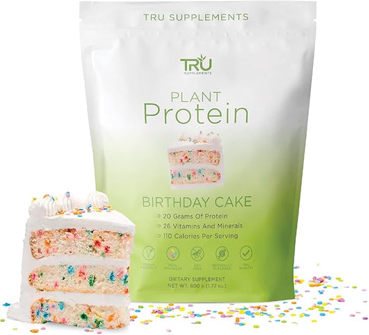 TRU Plant Based Protein Powder, BCAA, EAA, 20g Vegan Protein, 100 Calories, 27 Vitamins, No Artificial Flavors 25 Servings (Birthday Cake)