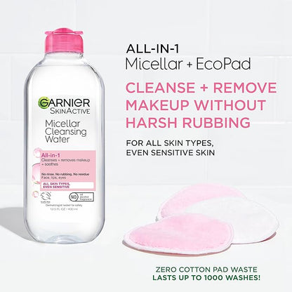 Garnier Micellar Water and Eco Pad Starter Kit, All-In-1 Facial Cleanser & Makeup Remover and 3 Piece Reusable Makeup Remover Pads Set