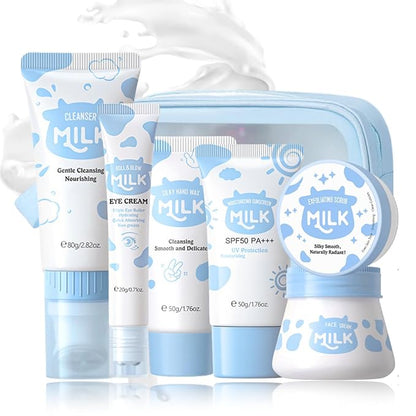 Skin Care Kit Milk Girls Gifts - Teen Skin Care Set - Skin Care Routine Kit for Women - with Hand Wax,Sunscreen,Face & Eye Cream,Exfoliating Scrub,Skin Care Bag - Mothers Day Gifts (7PCS, Milk)