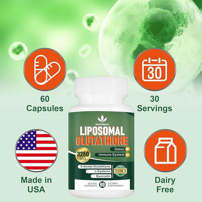 3250 MG Liposomal Glutathione Supplement,Reduced L-Glutathione with Resveratrol,Quercetin, Antioxidant Supplement for Immune System,Gluten Free & Non-GMO, 180 Capsules
