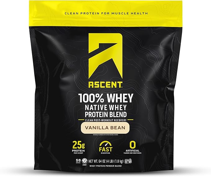 Ascent 100% Whey Protein Powder - Post Workout Whey Protein Isolate, Zero Artificial Flavors & Sweeteners, Gluten Free, 5.5g BCAA, 2.6g Leucine, Essential Amino Acids, Vanilla Bean 4 lb