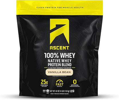 Ascent 100% Whey Protein Powder - Post Workout Whey Protein Isolate, Zero Artificial Flavors & Sweeteners, Gluten Free, 5.5g BCAA, 2.6g Leucine, Essential Amino Acids, Vanilla Bean 4 lb