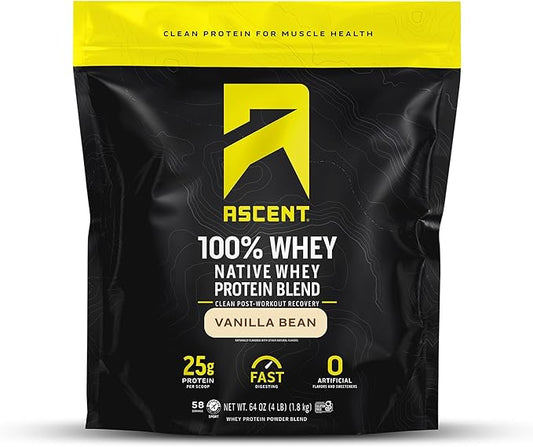 Ascent 100% Whey Protein Powder - Post Workout Whey Protein Isolate, Zero Artificial Flavors & Sweeteners, Gluten Free, 5.5g BCAA, 2.6g Leucine, Essential Amino Acids, Vanilla Bean 4 lb