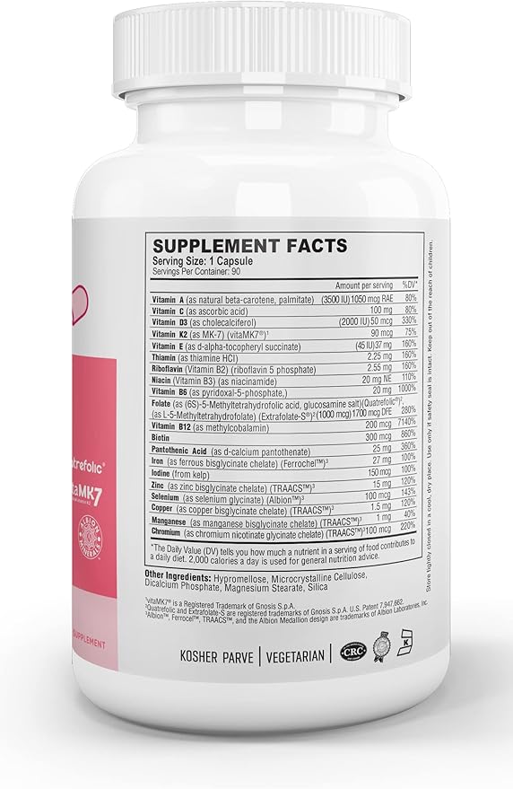 Nutri Supreme Prenatal Vitamin, Prenatal Vitamins Supplement for Women with Highly Absorbable Methyl Folate, One Per Day Prenatal Multivitamin with Iron, Kosher, Capsules, 90 Count