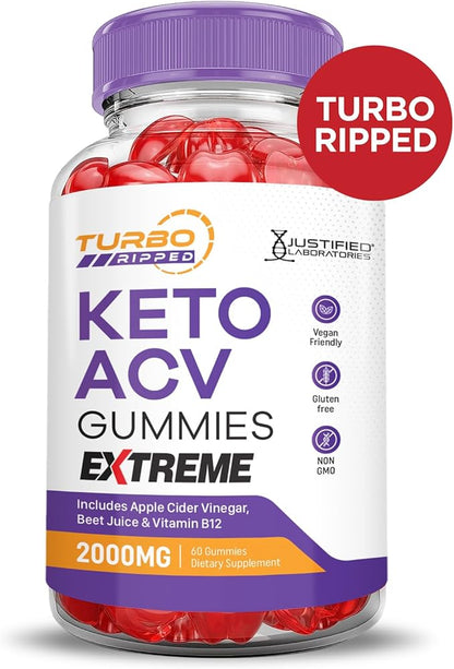 Turbo Ripped Keto ACV Gummies Extreme 2000MG Turbo Ripped Keto Gummies Apple Cider Vinegar Formulated with Pomegranate Beet Juice Powder B12 Vegan Non GMO 60 Gummys