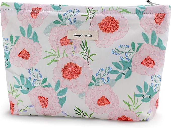 Flower Makeup Bag Travel Large Floral Cosmetic Bags Cute Makeup Pouch Zipper Cosmetic Pouch for Purse Aesthetic Make up Organizer Bag Portable Toiletry Bag for Women Girls Her Female