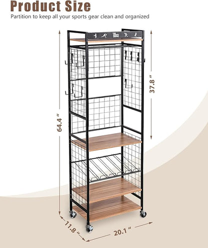 Mythinglogic Weight Rack for Dumbbells, Home Gym Storage for Yoga Mat Dumbbells Kettlebells and Strength Training Equipment, Dumbbell Rack with Wheels and Hanging Hooks