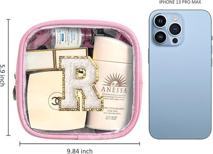 LETGO Initial Mini Makeup Bag | Make Up Bag Travel Toiletry Bag | Clear Makeup Bag | Cute Cosmetic Bags Organizer Travel Essentials Gifts for Women Girlfriend Teacher Brithday Gifts (Pink, R)