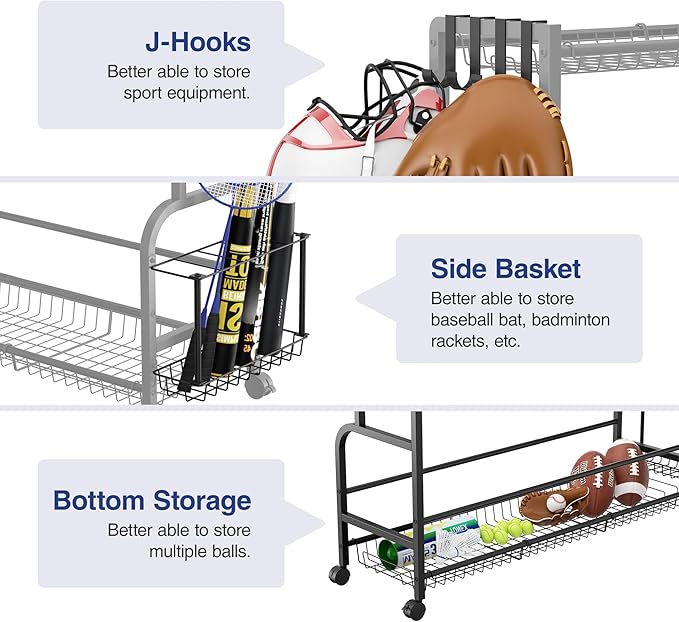 Sports Equipment Garage Organizer - Ball Storage Garage - Ball Storage Rack - Rolling Ball Cart with Wheels Basket and Hooks for Basketballs Footballs Volleyballs in Gym Playgroup and School.