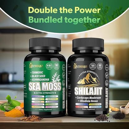 Sea Moss and shilajit Bundle - 90 Count - Sea Moss, Black Seed Oil, Ashwagandha, Turmeric & Shilajit, Rhodiola Rosea,Burdock, Bladderwrack 21 in 1 Supplements (2 Packs) Brown