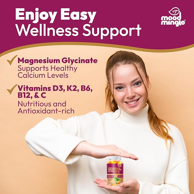 MoodMingle Potassium Magnesium Glycinate Supplement Gummies - High Absorption Potassium Chews - with Calcium Vitamins B6 B12 C D3 K2 Zinc - Vegan Sugar-Free Gluten Free for Kids Adults
