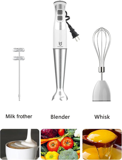 Immersion Hand Blender, UTALENT 3-in-1 8-Speed Stick Blender with Milk Frother, Egg Whisk for Smoothies, Coffee Milk Foam, Puree Baby Food, Sauces and Soups - White