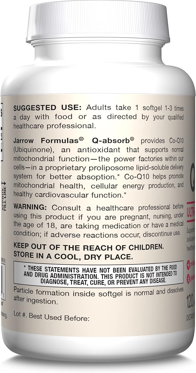 Jarrow Formulas Q-absorb Co-Q10 100 mg, Dietary Supplement, Antioxidant Support for Mitochondrial Health, Cellular Energy Production and Cardiovascular Health, 120 Softgels, 120 Day Supply
