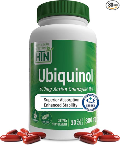 Health Thru Nutrition Ubiquinol 300mg 30 Softgels as Kaneka QH Reduced CoQ-10 | Stabilized - 3rd Party Tested | Enhanced Bioavailability | Cardiovascular & Mitochondria Function Support | Non-GMO