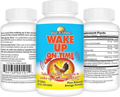 Wake Up On Time Energy Supplement to Help Boost Your Mornings with Alertness & Focus for a Productive Day with Natural Caffeine & More - 40 Tablets