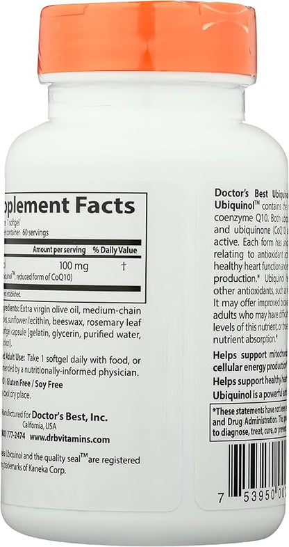 Doctor's Best Ubiquinol with Kaneka QH, Healthy Heart, Enhances Cellular Energy, Antioxidant, Non-GMO, Gluten Free, Soy Free, 100 Mg