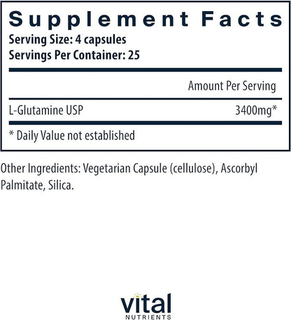 Vital Nutrients Glutamine | 3400mg L-Glutamine | Healthy Gastrointestinal Tract Function | Gluten, Dairy, Soy Free | Non-GMO | 90 Glutamine Capsules