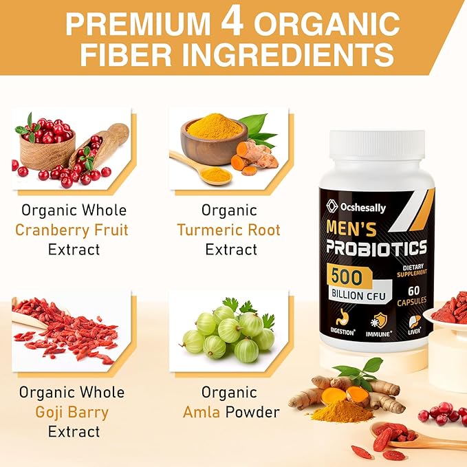 Probiotics for Men, Men Care Supplement, Gut health for men, 500 Billion CFUs & 12 Strains, Mens probiotic with Turmeric, Cranberry, Goji, for Digestive, Immune & Bloating Health, 60-Days Supply