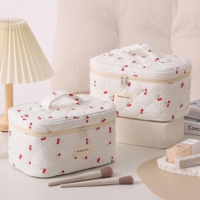 Cute Pink Cherry Quilted Makeup Bag, Large Capacity Travel Cosmetic Bag for Women and Girls, Aesthetic Storage for Daily and Travel Use,or for travel toiletry bag