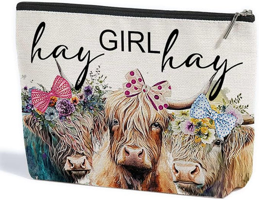 ZHAMEN Vintage Funny Cow Print Stuff Farm Animals Western Makeup Bag Stuff Graduation Mothers Day Birthday Cow Gifts for Girls Women Lovers Friends Daughter Sister Coworker Cosmetic Bag Hay girls Hay