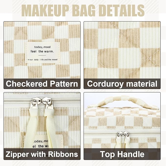 Quilted Makeup Bag Set, 3Pcs Large Checkered Corduroy Cosmetic Bags, Cute Coquette Makeup Bag Toiletry Zipper Pouch Bag for Women and Girls Checkered
