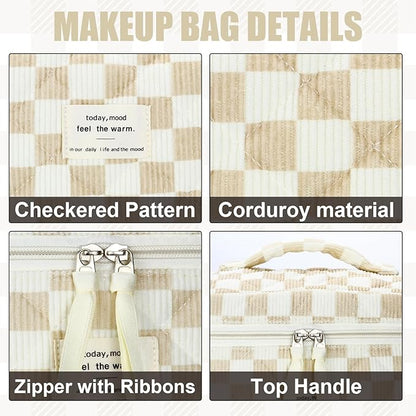 Quilted Makeup Bag Set, 3Pcs Large Checkered Corduroy Cosmetic Bags, Cute Coquette Makeup Bag Toiletry Zipper Pouch Bag for Women and Girls Checkered