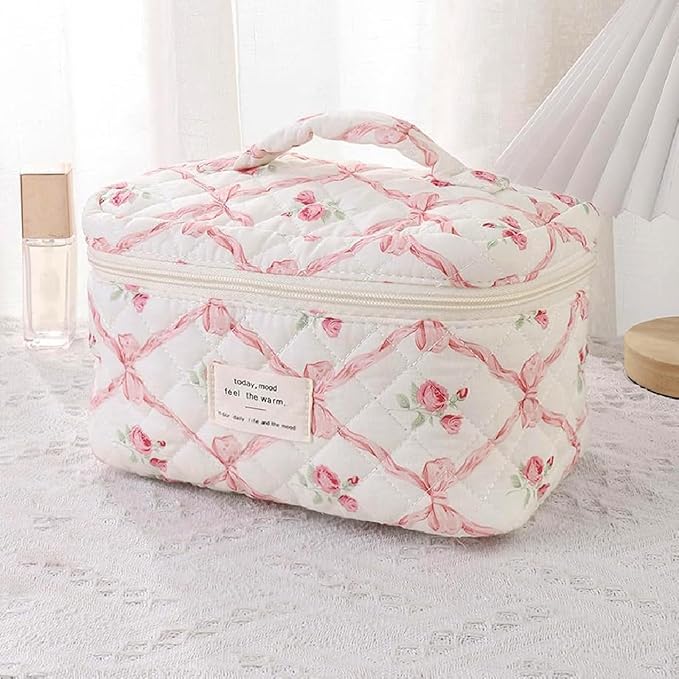 Quilted Makeup Bag,Bow Makeup Bag,Cotton Makeup Bag Set for Women,Travel Makeup Bag,Large Toiletry Cosmetic Bag Makeup Bag Organizer for Women Girls (P2-1PC)