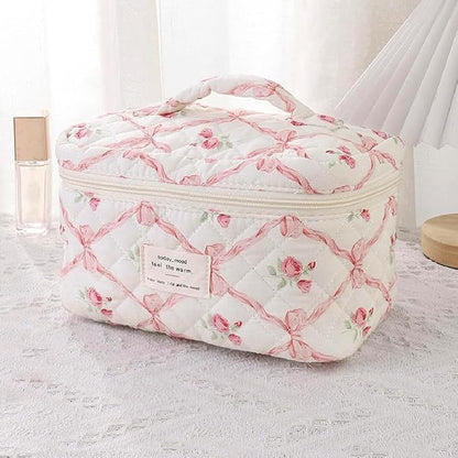 Quilted Makeup Bag,Bow Makeup Bag,Cotton Makeup Bag Set for Women,Travel Makeup Bag,Large Toiletry Cosmetic Bag Makeup Bag Organizer for Women Girls (P2-1PC)