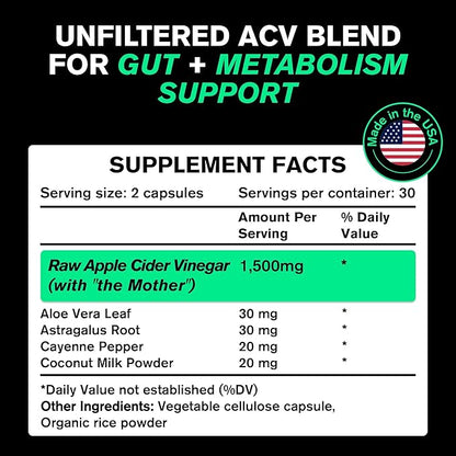 Organic Apple Cider Vinegar Capsules with The Mother - Energy Help Plus Heart, Gut, and Immune Health Support - Gluten Free, Dairy Free - Raw Probiotic and Prebiotic - Vegan ACV, Astragalus Root