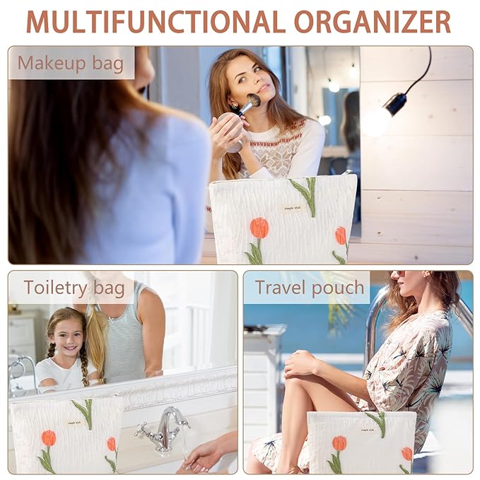 ZLFSRQ Tulip Makeup Bag for Women Floral Cosmetic Pouch for Purse Zipper Cosmetic Bags Large Capacity Quilted Canvas Cute Aesthetic Flower Makeup Bags Gift Travel Toiletry Makeup Organizer