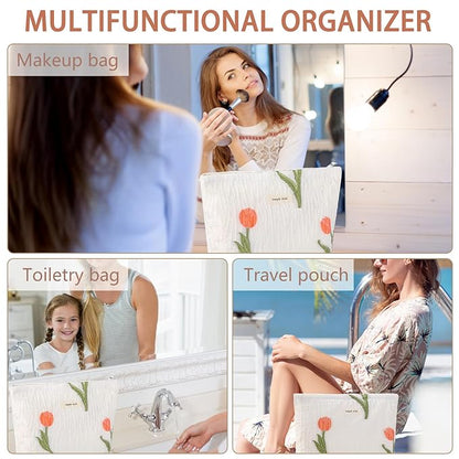 ZLFSRQ Tulip Makeup Bag for Women Floral Cosmetic Pouch for Purse Zipper Cosmetic Bags Large Capacity Quilted Canvas Cute Aesthetic Flower Makeup Bags Gift Travel Toiletry Makeup Organizer