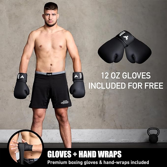 Elite Sports 4ft Boxing Bag, Punching Bag Set with 12oz Gloves, Hand Wraps, Jump Rope, Reflex Ball & Phone Holder - for Boxing, MMA, Kickboxing, Martial Arts, Home Gym (Unfilled)