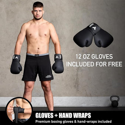 Elite Sports 4ft Boxing Bag, Punching Bag Set with 12oz Gloves, Hand Wraps, Jump Rope, Reflex Ball & Phone Holder - for Boxing, MMA, Kickboxing, Martial Arts, Home Gym (Unfilled)