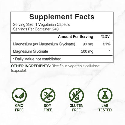 DEAL SUPPLEMENT Magnesium Glycinate 500mg, 240 Veggie Capsules | Chelated for Easy Absorption | Highly Purified Essential Trace Mineral for Muscle, Joint, Heart, & Digestive Health