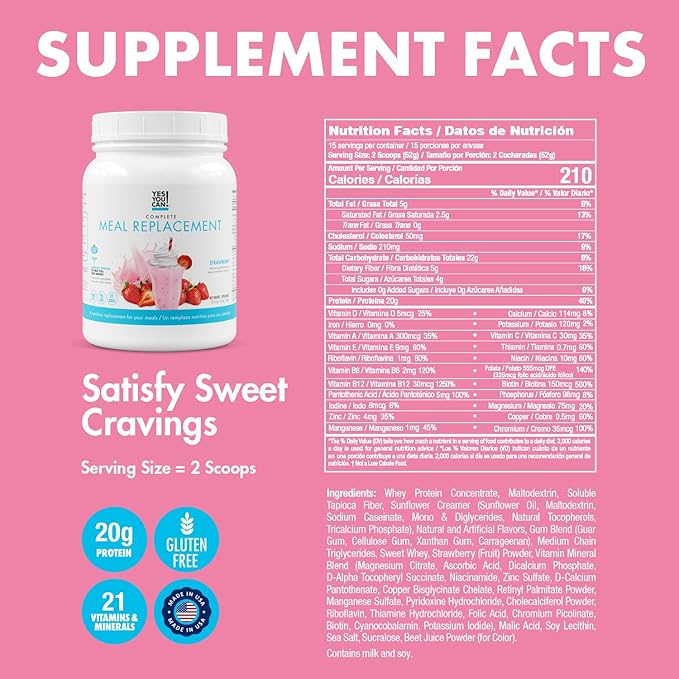Yes You Can! Complete Meal Replacement - 15 Servings (2 Pack), 20g of Protein, 0g Added Sugars, 22 Vitamins and Minerals - All-in-One Nutritious Meal Replacement Shake (Strawberry)