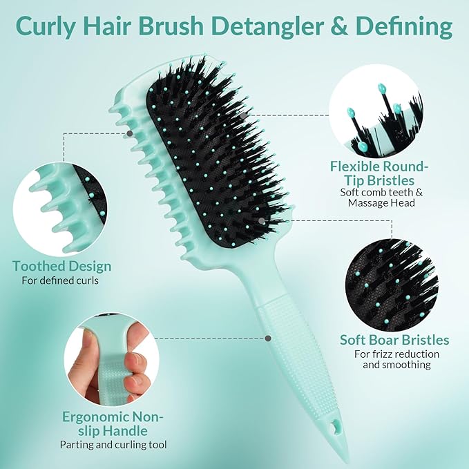 Curl Defining Brush, Volume Curly Hair Brush Products for Effortlessly Detangling Shaping and Styling Women's Men's Curls on All Wet or Dry Hair Types, Reduces Frizz (Green 1PC)