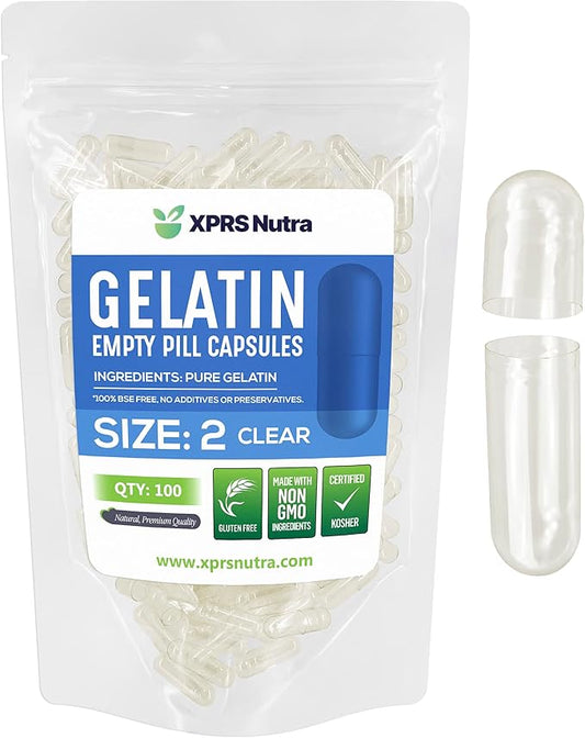 XPRS Nutra Size 2 Empty Capsules - 100 Count Empty Gelatin Capsules - Clear Empty Pill Capsules - DIY Capsule Filling - Pure Bovine Pill Capsules Empty Gel Caps