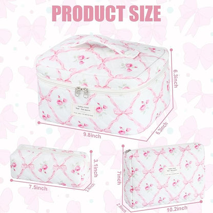 Quilted Makeup Bag Set, 3Pcs Large Checkered Corduroy Cosmetic Bags, Cute Coquette Makeup Bag Toiletry Zipper Pouch Bag for Women and Girls Checkered