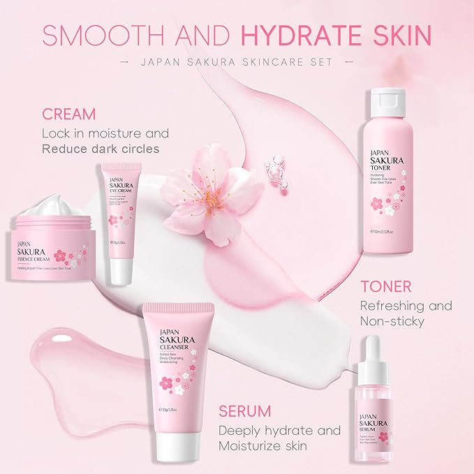 Sakura Skincare Set Facial Kit - Skin Care Gift Set for Girls/Women's, Facial Skin Care Sets & Kits with Beauty Gift Box, Japanese Skin Care Products Hydrating&Anti-Aging Skin - TSA-Friendly 8Pcs