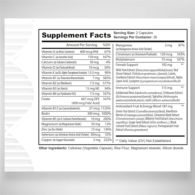 Womens Multivitamin, Daily Vitamins for Women with Vitamins A, C, D, E, B-6 and B-12, Energy Metabolism, Bone & Immune Support, 60 Capsules