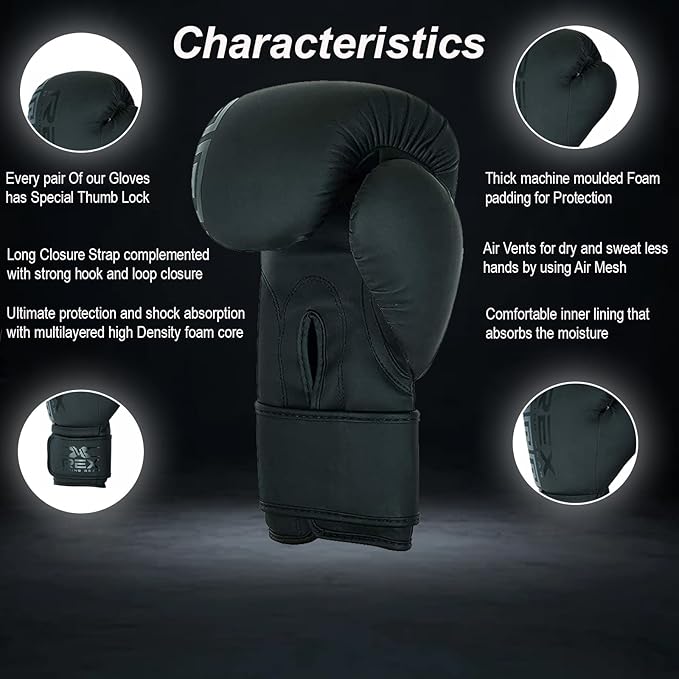 REX Boxing Gloves Training Boxing Punching Gloves for Kids & Adult PU Leather | Matte Black Glove for Sparring Kickboxing, Fighting