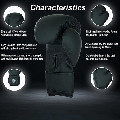 REX Boxing Gloves Training Boxing Punching Gloves for Kids & Adult PU Leather | Matte Black Glove for Sparring Kickboxing, Fighting