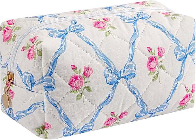 Quilted Cotton Makeup Bag Travel Cosmetic Bag for Women Girls, Zipper Make Up Pouch, Bow Pattern Toiletry Organizer Makeup, Portable Storage Bag (Blue Bowknot)