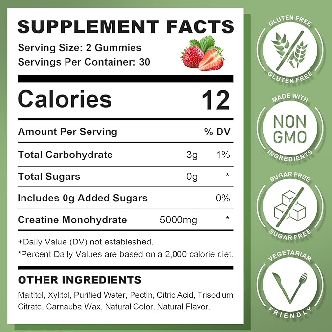 Creatine Monohydrate Gummies for Men & Women, Chewables Creatine Monohydrate for Muscle Strength, Muscle Builder, Energy Boost, Sugar Free, Vegan, Strawberry Flavor-60 Count