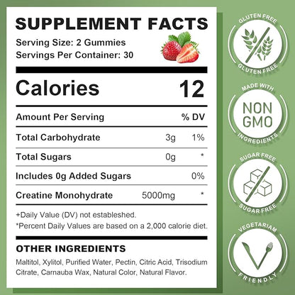 Creatine Monohydrate Gummies for Men & Women, Chewables Creatine Monohydrate for Muscle Strength, Muscle Builder, Energy Boost, Sugar Free, Vegan, Strawberry Flavor-120 Count