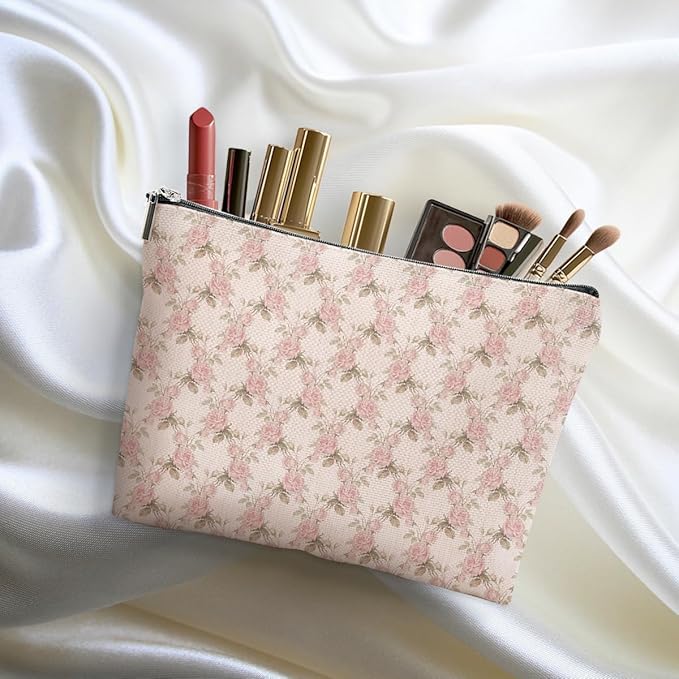 4pcs Pink Vintage Roses Floral Makeup Bag, Pink Coquette Roses Flower Cosmetic Bag Rose Gifts for Women Female Girls Sister BFF Nature Lover, Travel Zipper Pouch Christmas Thanksgiving Birthday Gifts