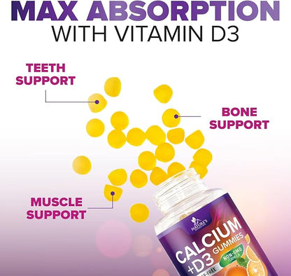 Sugar Free Calcium Gummy Bites Plus 400 IU Vitamin D3, Bone Health & Immune Support - Chewable Calcium Nutrition Supplement, Non-GMO, Orange Flavor Chews - 120 Gummies