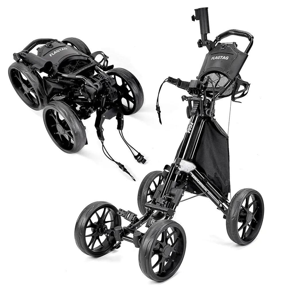 Golf Push Cart 4-Wheels,Folding Golf Cart, Golf Pull cart with Cup Holder,Umbrella Holder,Cooler Bag, Foldable with one-Click,Handle Height Adjustable,Drink Holder,Walking Push cart