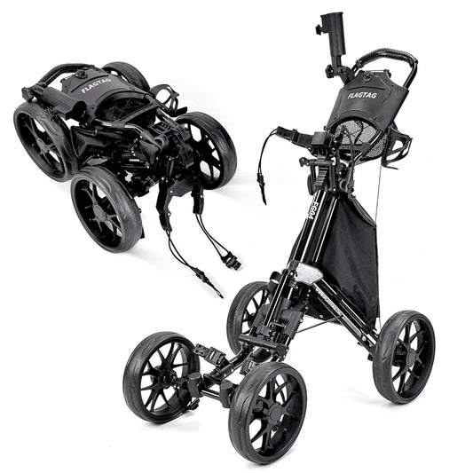 Golf Push Cart 4-Wheels,Folding Golf Cart, Golf Pull cart with Cup Holder,Umbrella Holder,Cooler Bag, Foldable with one-Click,Handle Height Adjustable,Drink Holder,Walking Push cart