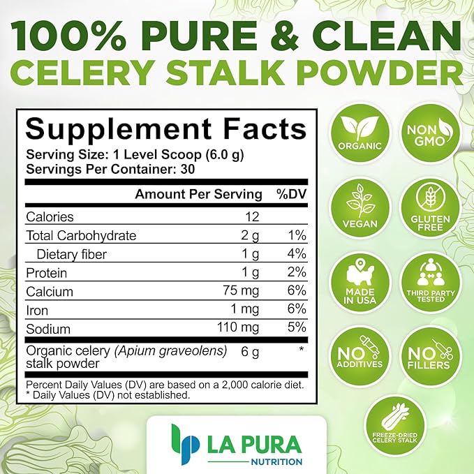 LaPura Organic Celery Powder Detox Cleanse - Fresh Celery Juice Powder to Support Gut Health & Naturally Detox - Cleanse & Detoxify, Antioxidant Just Celery Organic 30 Servings, 6.35 Ounce